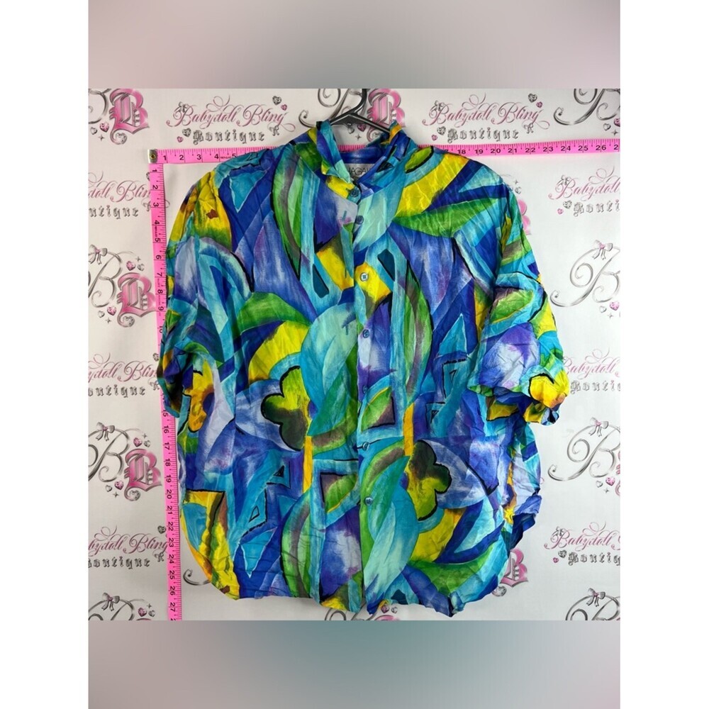 Chagail silk T-shirt button up Vibrant Abstract Button-Up Shirt in Blue & Green